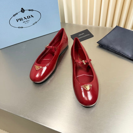 PRADA 26S MARY JANE FLATS IN RED CALFSKIN
