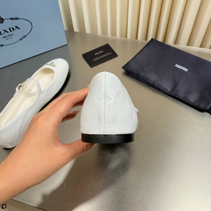 PRADA 26S MARY JANE FLATS IN WHITE CALFSKIN