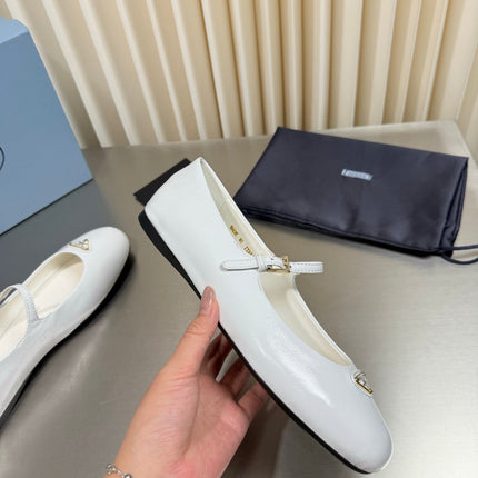 PRADA 26S MARY JANE FLATS IN WHITE CALFSKIN