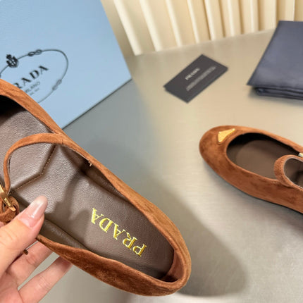 PRADA 26S MARY JANE FLATS IN COGNAC BROWN SUEDE