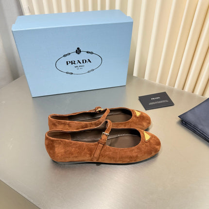 PRADA 26S MARY JANE FLATS IN COGNAC BROWN SUEDE
