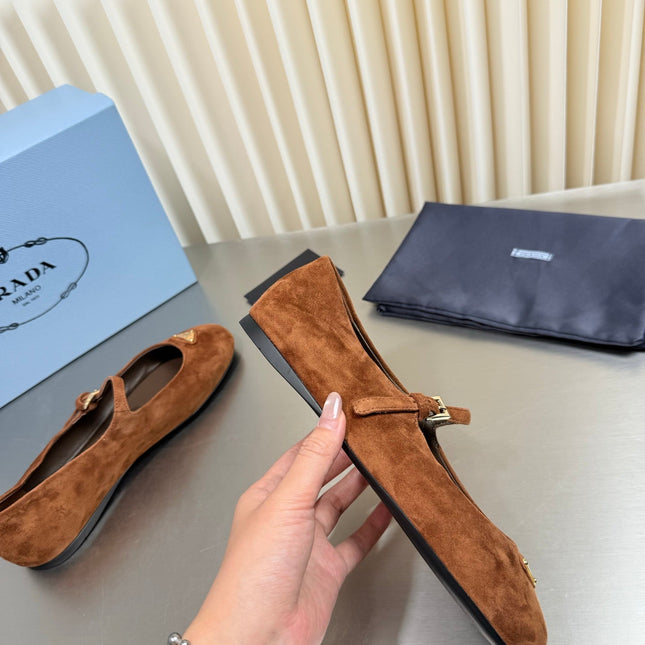 PRADA 26S MARY JANE FLATS IN COGNAC BROWN SUEDE