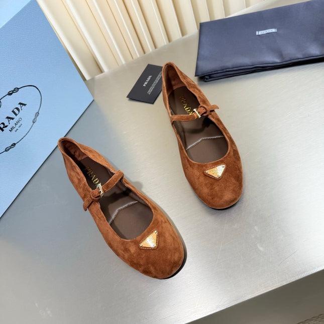PRADA 26S MARY JANE FLATS IN COGNAC BROWN SUEDE