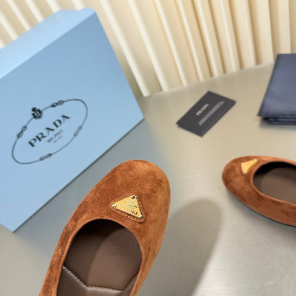 PRADA 26S MARY JANE FLATS IN COGNAC BROWN SUEDE