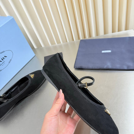 PRADA 26S MARY JANE FLATS IN BLACK SUEDE