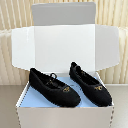 PRADA 26S MARY JANE FLATS IN BLACK SUEDE