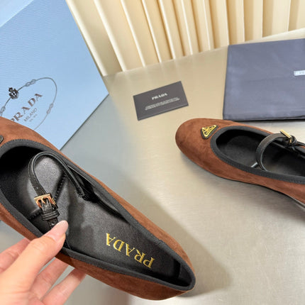 PRADA 26S MARY JANE FLATS IN BROWN SUEDE
