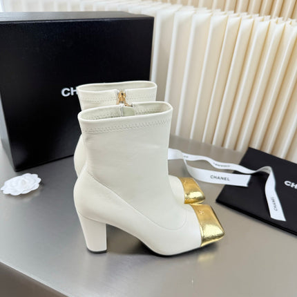 CHANEL 26S ZIPPER BOOTS 75 MM IN WHITE CALFSKIN AND GOLD PATENT LEATHER SQUARE TOE HIGH