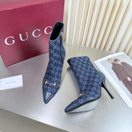 GUCCI 26S HORSEBIT BOOTS 105 MM IN NAVY BLUE DENIM AND LEATHER