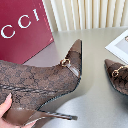 GUCCI 26S HORSEBIT BOOTS 105 MM IN DARK BROWN LEATHER AND CANVAS