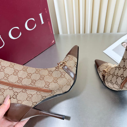 GUCCI 26S HORSEBIT BOOTS 105 MM IN BROWN LEATHER AND BEIGE CANVAS