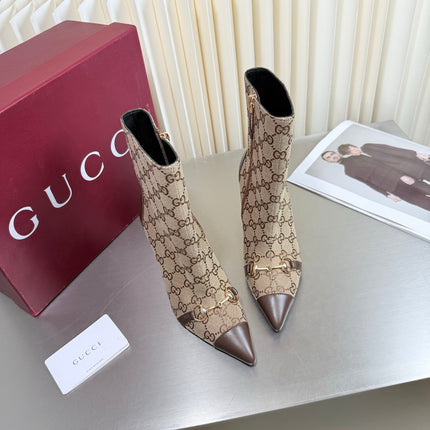 GUCCI 26S HORSEBIT BOOTS 105 MM IN BROWN LEATHER AND BEIGE CANVAS