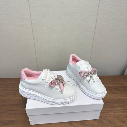 JIMMY CHOO 26S SNEAKERS 55 MM IN WHITE AND PINK CALFSKIN WITH CRYSTAL BOW