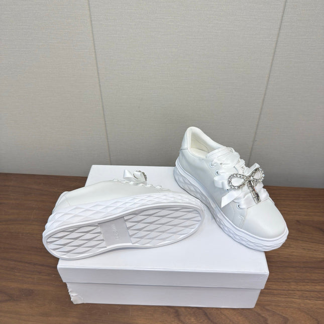 JIMMY CHOO 26S SNEAKERS 55 MM IN WHITE CALFSKIN WITH CRYSTAL BOW