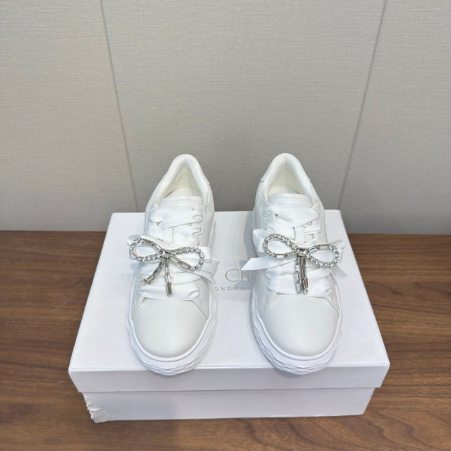JIMMY CHOO 26S SNEAKERS 55 MM IN WHITE CALFSKIN WITH CRYSTAL BOW