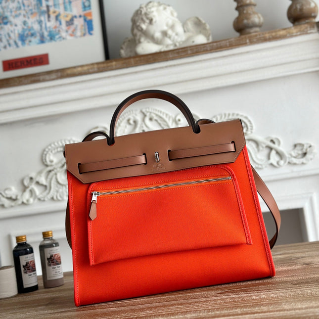 ZIP CABINE 31 BAG IN FIRE ORANGE CANVAS AND BRONZE BROWN CALFSKIN