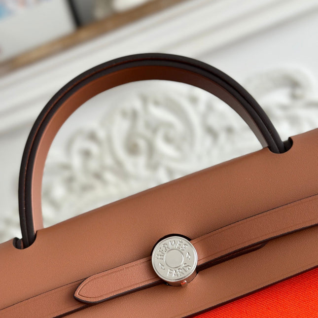 ZIP CABINE 31 BAG IN FIRE ORANGE CANVAS AND BRONZE BROWN CALFSKIN