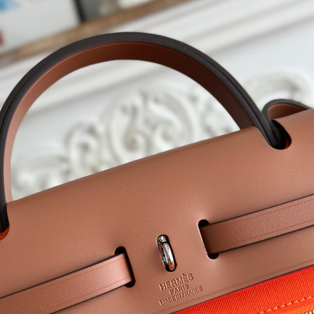 ZIP CABINE 31 BAG IN FIRE ORANGE CANVAS AND BRONZE BROWN CALFSKIN