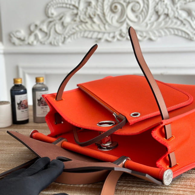 ZIP CABINE 31 BAG IN FIRE ORANGE CANVAS AND BRONZE BROWN CALFSKIN