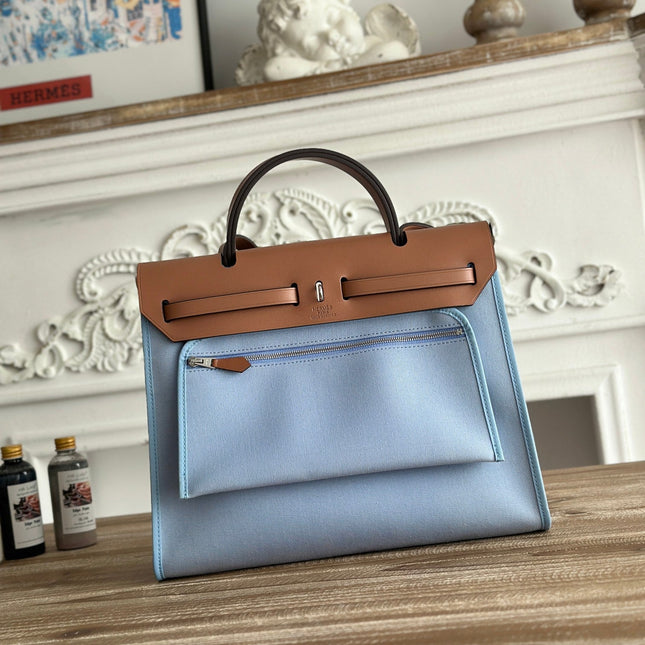 ZIP CABINE 31 BAG IN LIGHT BLUE CANVAS AND BRONZE BROWN CALFSKIN