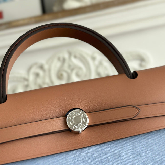 ZIP CABINE 31 BAG IN LIGHT BLUE CANVAS AND BRONZE BROWN CALFSKIN