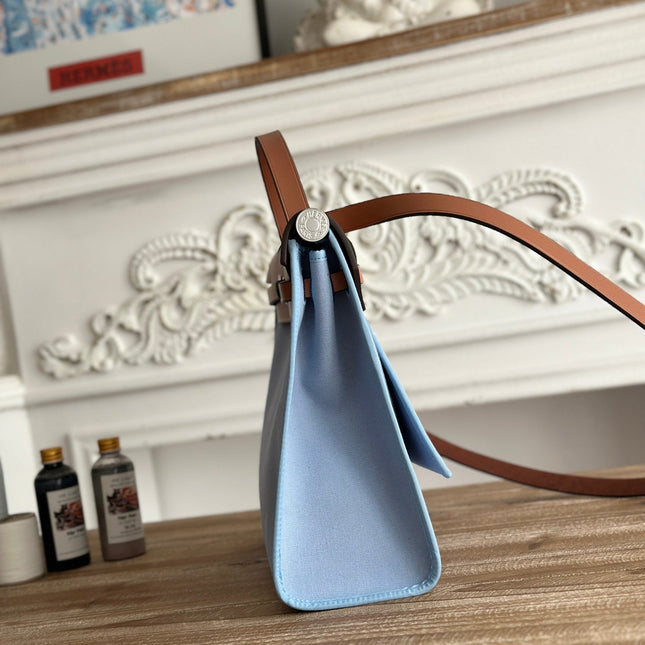 ZIP CABINE 31 BAG IN LIGHT BLUE CANVAS AND BRONZE BROWN CALFSKIN
