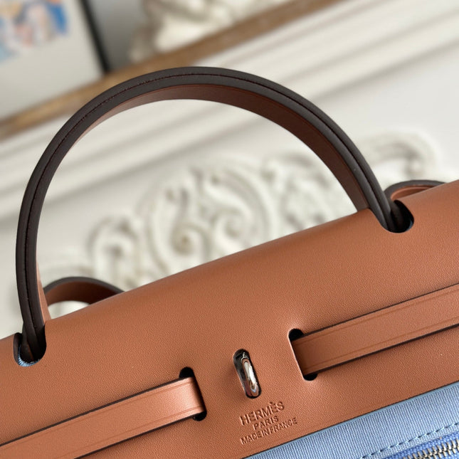 ZIP CABINE 31 BAG IN LIGHT BLUE CANVAS AND BRONZE BROWN CALFSKIN