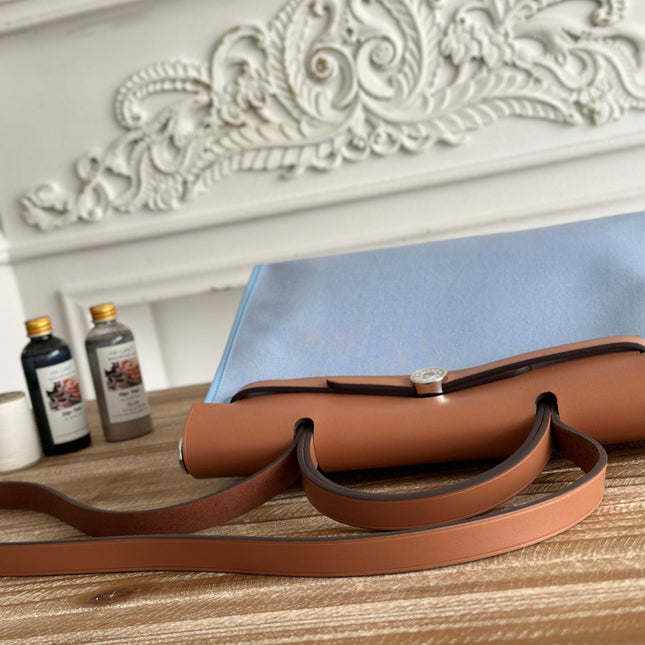 ZIP CABINE 31 BAG IN LIGHT BLUE CANVAS AND BRONZE BROWN CALFSKIN
