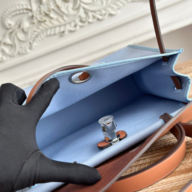 ZIP CABINE 31 BAG IN LIGHT BLUE CANVAS AND BRONZE BROWN CALFSKIN