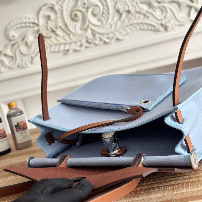 ZIP CABINE 31 BAG IN LIGHT BLUE CANVAS AND BRONZE BROWN CALFSKIN