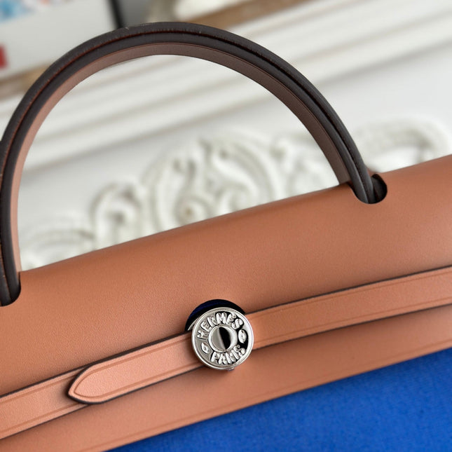 ZIP CABINE 31 BAG IN COBALT BLUE CANVAS AND BRONZE BROWN CALFSKIN