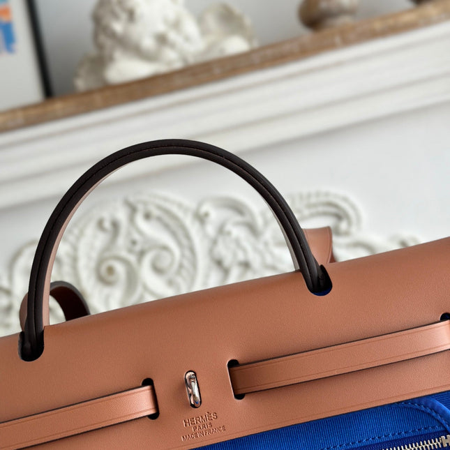 ZIP CABINE 31 BAG IN COBALT BLUE CANVAS AND BRONZE BROWN CALFSKIN
