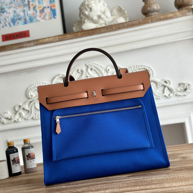 ZIP CABINE 31 BAG IN COBALT BLUE CANVAS AND BRONZE BROWN CALFSKIN