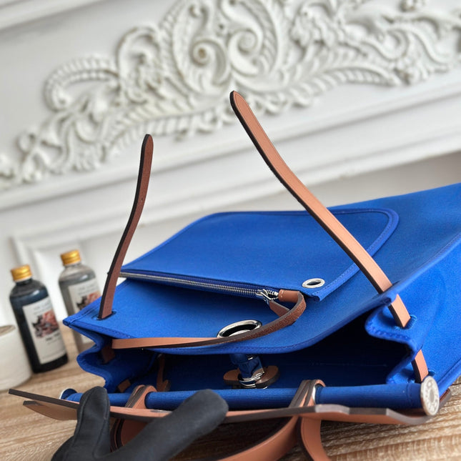 ZIP CABINE 31 BAG IN COBALT BLUE CANVAS AND BRONZE BROWN CALFSKIN