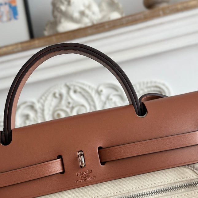 ZIP CABINE 31 BAG IN WHITE CREAM CANVAS AND BRONZE BROWN CALFSKIN