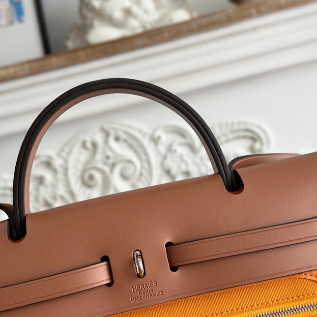 ZIP CABINE 31 BAG IN APRICOT ORANGE CANVAS AND BRONZE BROWN CALFSKIN