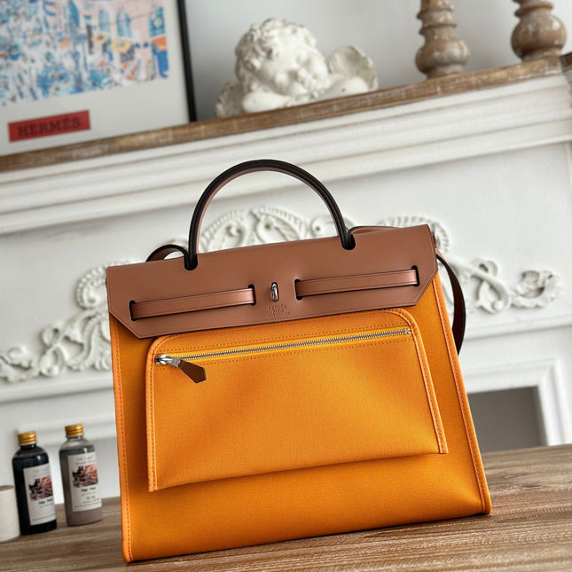 ZIP CABINE 31 BAG IN APRICOT ORANGE CANVAS AND BRONZE BROWN CALFSKIN