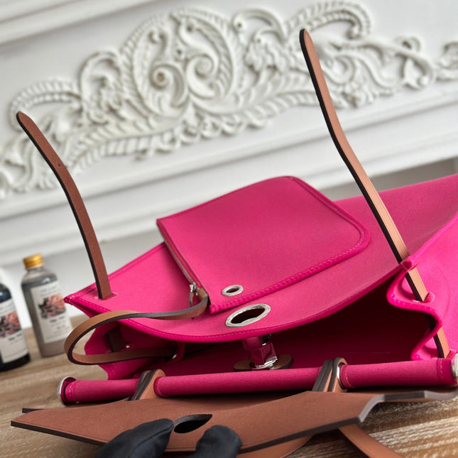 ZIP CABINE 31 BAG IN FUCHSIA PINK CANVAS AND BRONZE BROWN CALFSKIN