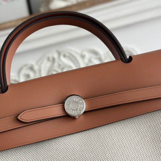 ZIP CABINE 31 BAG IN PALE GRAY CANVAS AND BRONZE BROWN CALFSKIN