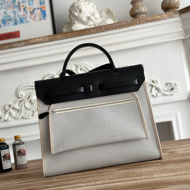 ZIP CABINE 31 BAG IN PALE GRAY CANVAS AND BLACK CALFSKIN
