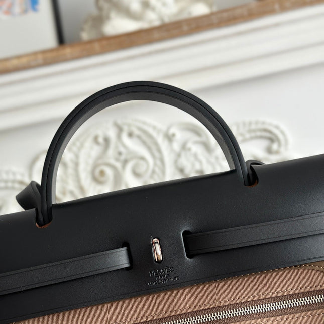 ZIP CABINE 31 BAG IN CHOCOLATE BROWN CANVAS AND BLACK CALFSKIN
