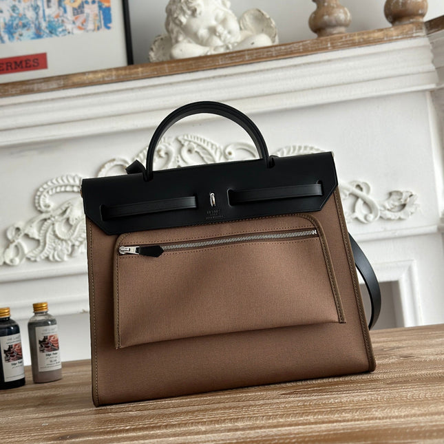 ZIP CABINE 31 BAG IN CHOCOLATE BROWN CANVAS AND BLACK CALFSKIN