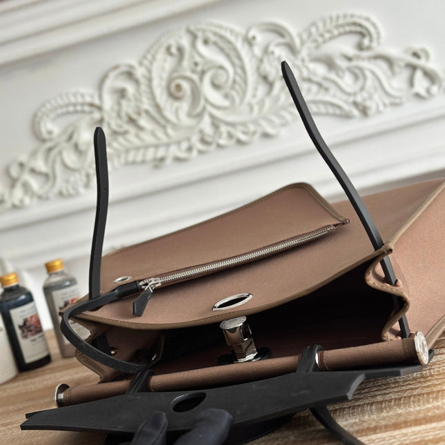 ZIP CABINE 31 BAG IN CHOCOLATE BROWN CANVAS AND BLACK CALFSKIN