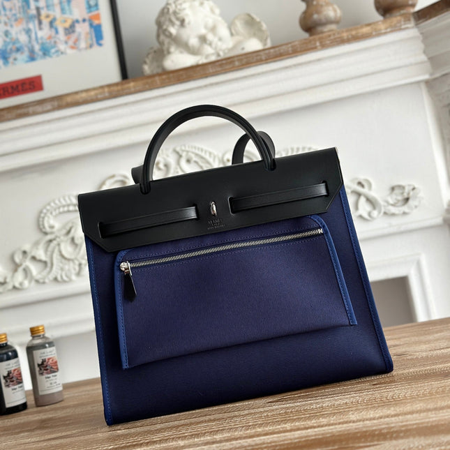 ZIP CABINE 31 BAG IN NAVY BLUE CANVAS AND BLACK CALFSKIN