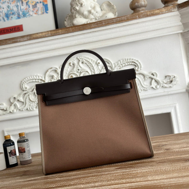 ZIP CABINE 31 BAG IN CHOCOLATE BROWN CANVAS AND BLACK CALFSKIN