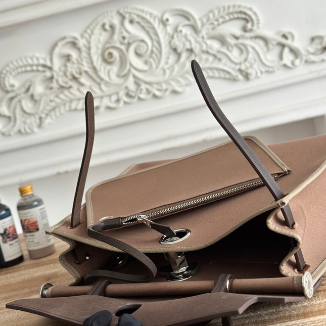 ZIP CABINE 31 BAG IN CHOCOLATE BROWN CANVAS AND BLACK CALFSKIN
