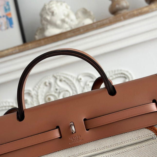 HERBAG ZIP 31 LAQUERED BAG IN OFF-WHITE MIX BROWN H PLUME CANVAS AND BROWN COWHIDE