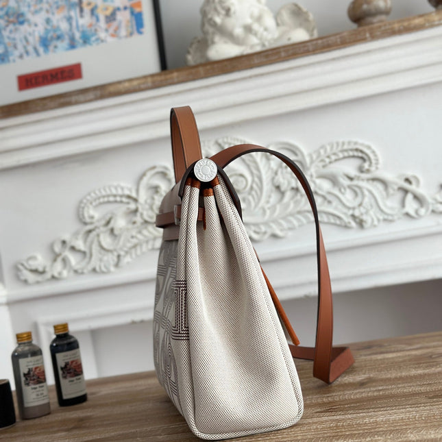 HERBAG ZIP 31 LAQUERED BAG IN OFF-WHITE MIX BROWN H PLUME CANVAS AND BROWN COWHIDE