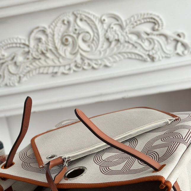 HERBAG ZIP 31 LAQUERED BAG IN OFF-WHITE MIX BROWN H PLUME CANVAS AND BROWN COWHIDE