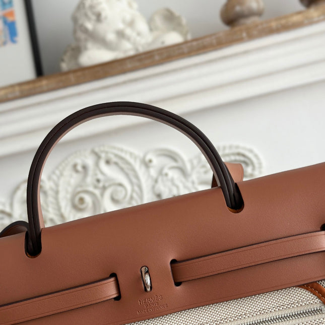 BOLSO HERBAG ZIP 31 RETOURNE BAG IN OFF-WHITE MIX BROWN H VIKING CANVAS AND COWHIDE